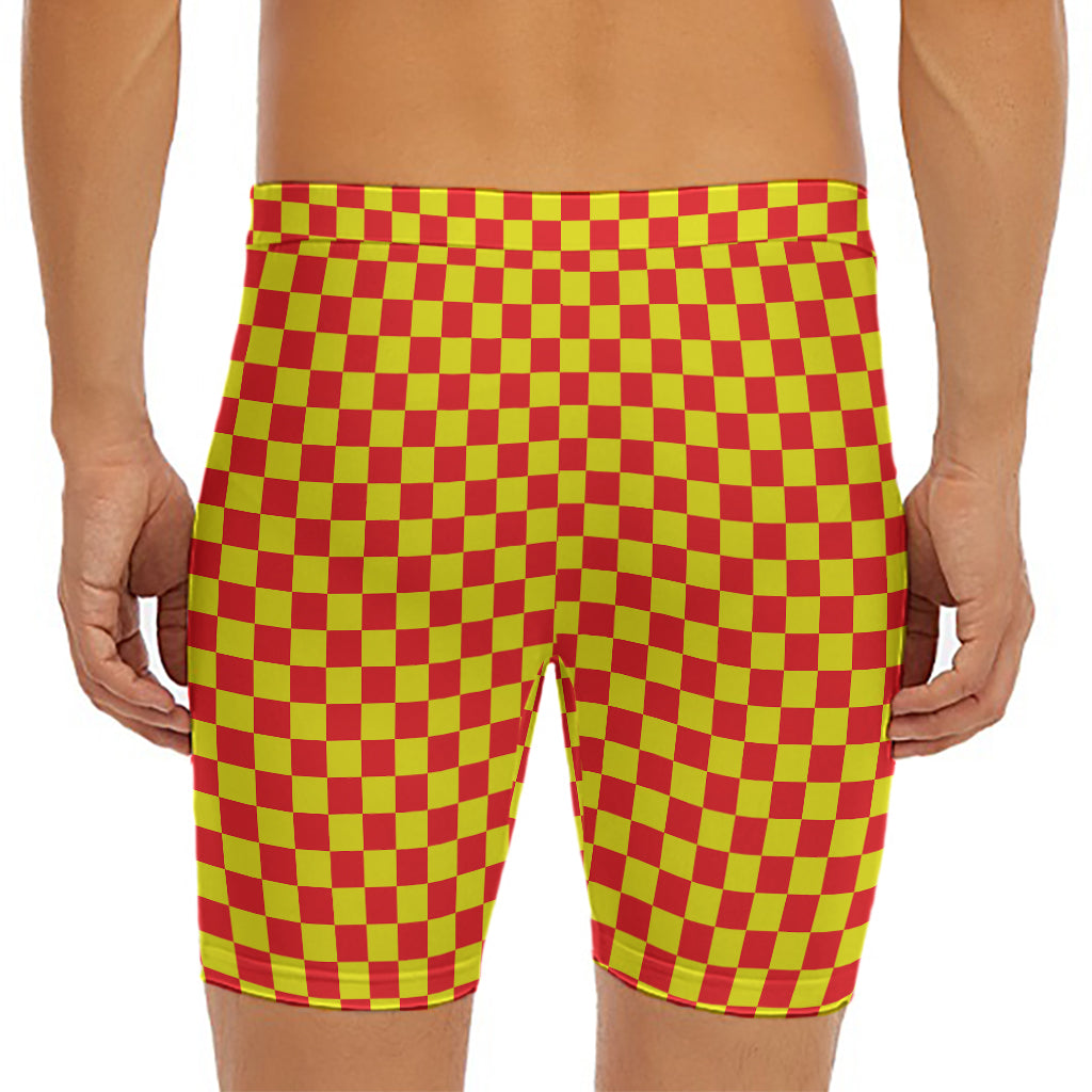 Red And Yellow Checkered Pattern Print Men's Long Boxer Briefs
