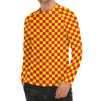 Red And Yellow Checkered Pattern Print Men's Long Sleeve Rash Guard