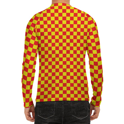Red And Yellow Checkered Pattern Print Men's Long Sleeve Rash Guard