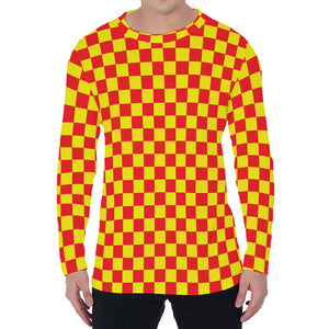 Red And Yellow Checkered Pattern Print Men's Long Sleeve T-Shirt