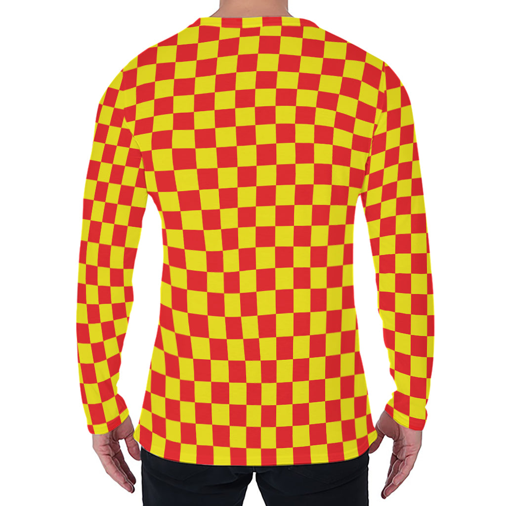 Red And Yellow Checkered Pattern Print Men's Long Sleeve T-Shirt