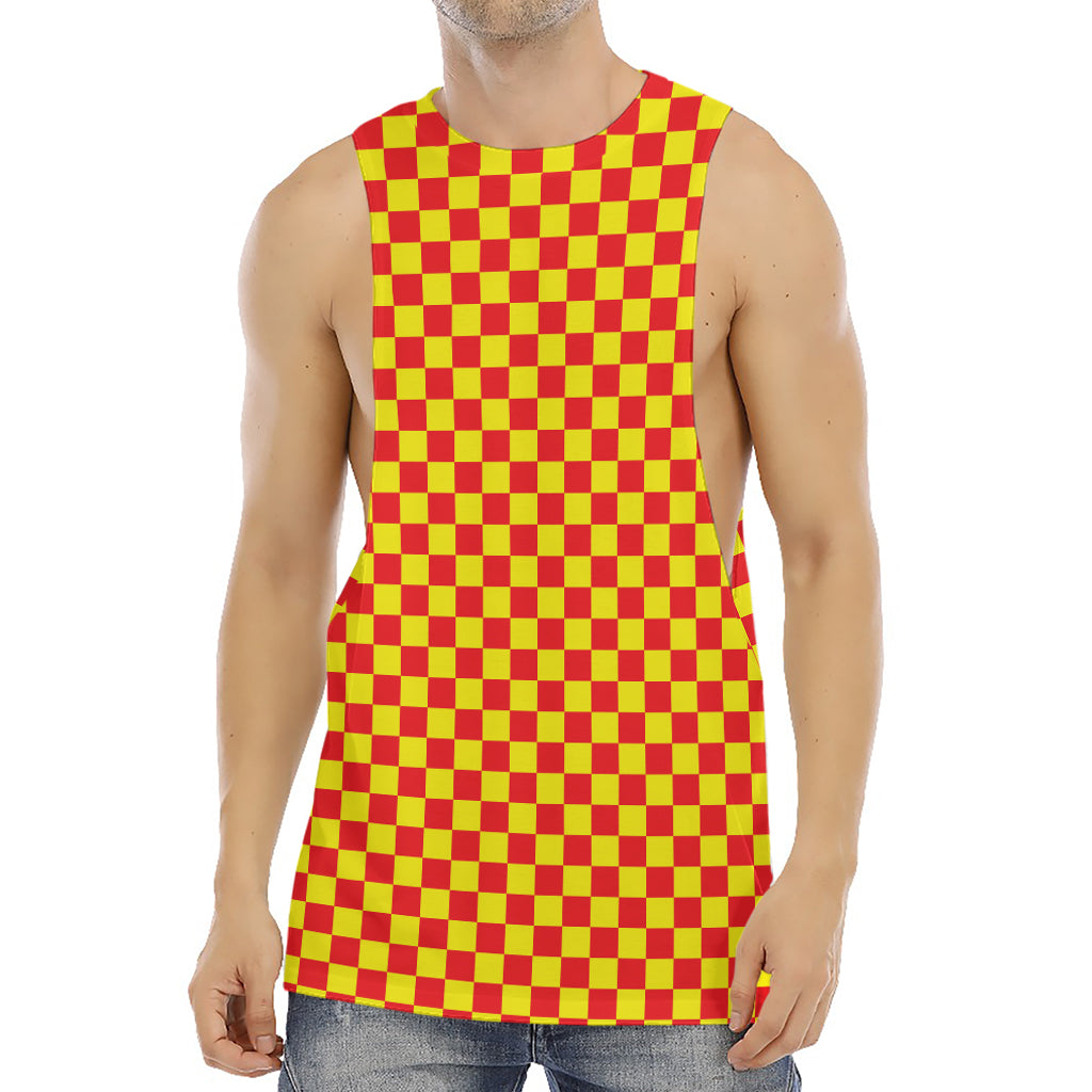 Red And Yellow Checkered Pattern Print Men's Muscle Tank Top