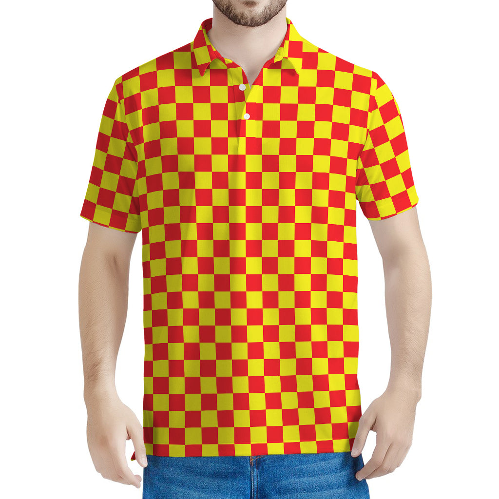 Red And Yellow Checkered Pattern Print Men's Polo Shirt