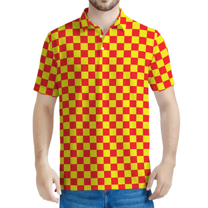 Red And Yellow Checkered Pattern Print Men's Polo Shirt
