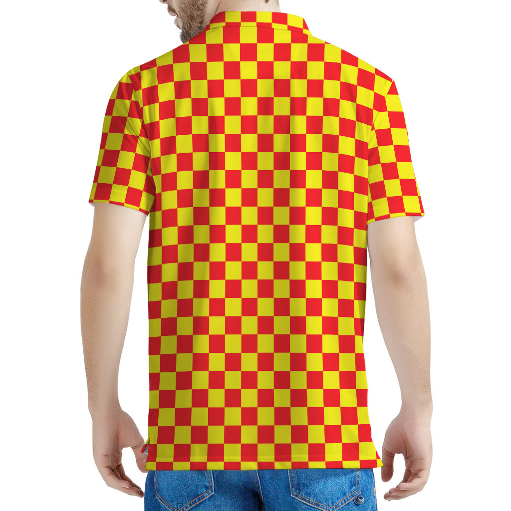 Red And Yellow Checkered Pattern Print Men's Polo Shirt