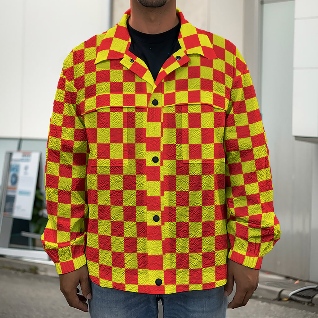 Red And Yellow Checkered Pattern Print Men's Shirt Jacket