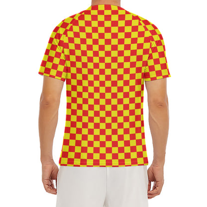 Red And Yellow Checkered Pattern Print Men's Short Sleeve Rash Guard