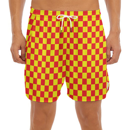 Red And Yellow Checkered Pattern Print Men's Split Running Shorts