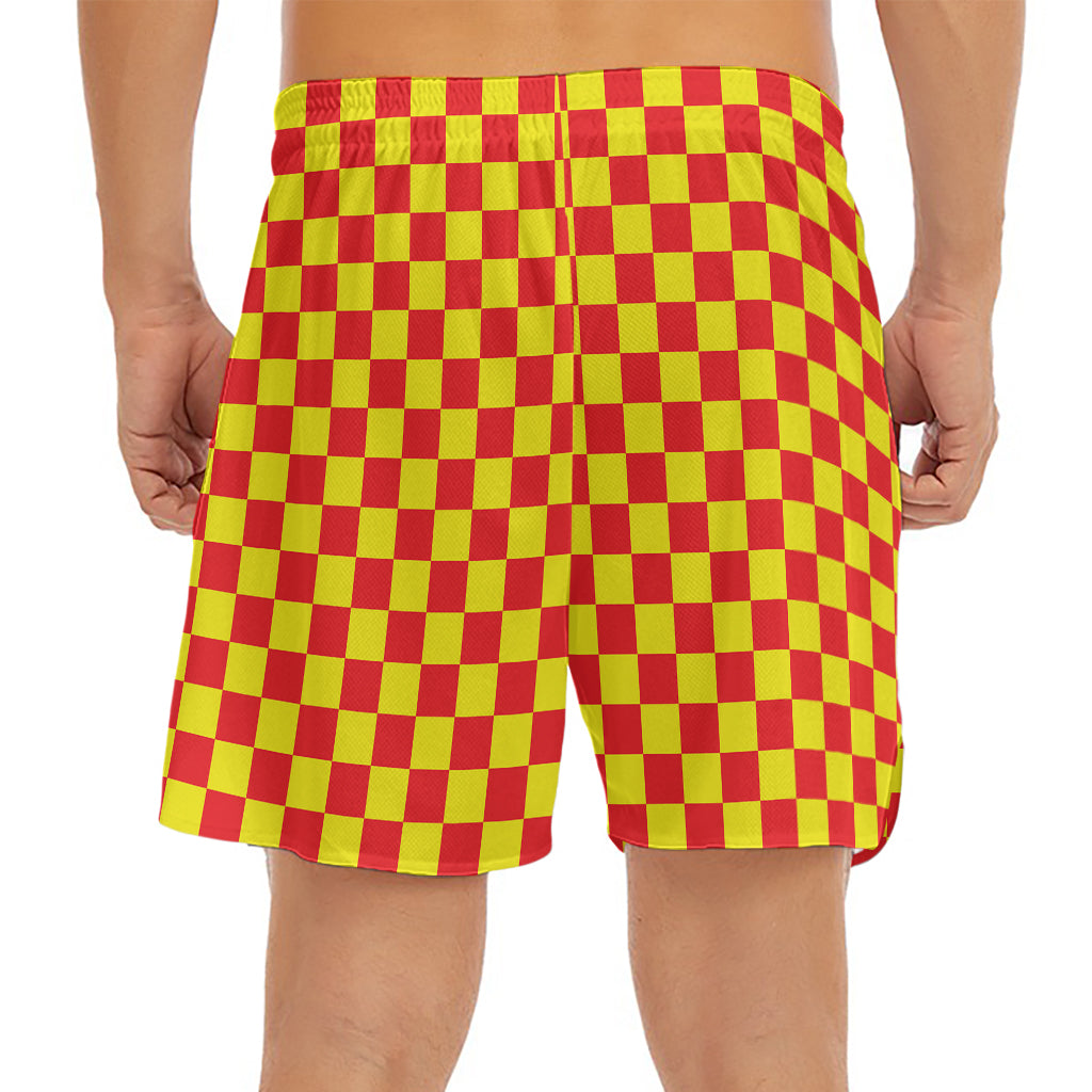 Red And Yellow Checkered Pattern Print Men's Split Running Shorts