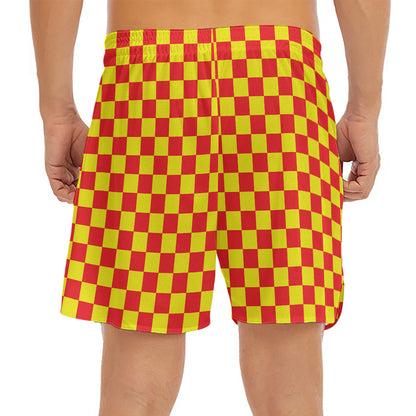 Red And Yellow Checkered Pattern Print Men's Split Running Shorts