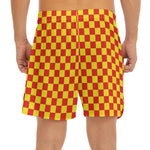 Red And Yellow Checkered Pattern Print Men's Split Running Shorts