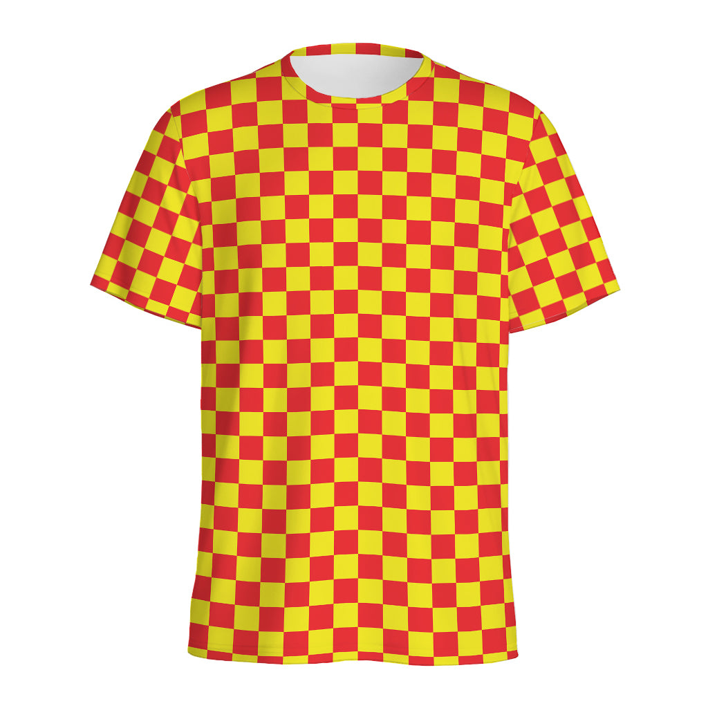 Red And Yellow Checkered Pattern Print Men's Sports T-Shirt