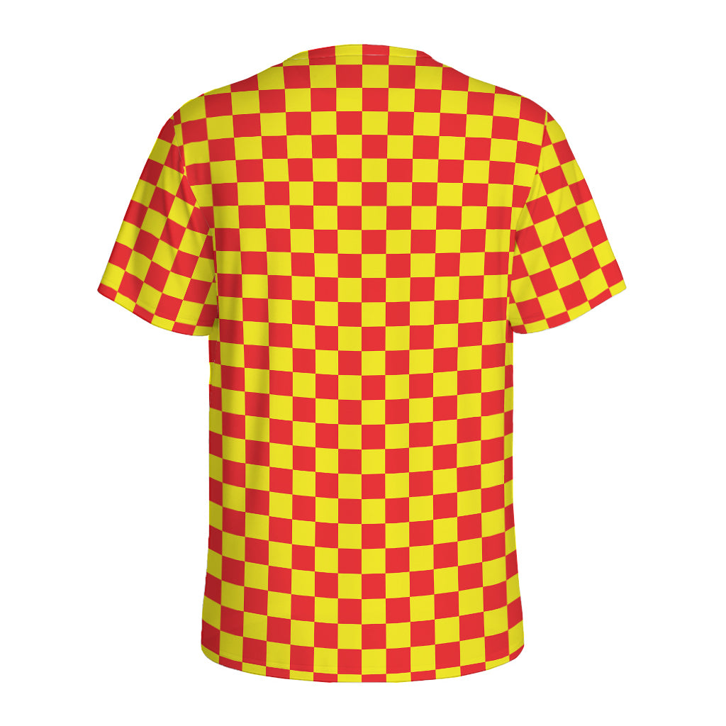 Red And Yellow Checkered Pattern Print Men's Sports T-Shirt