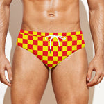 Red And Yellow Checkered Pattern Print Men's Swim Briefs