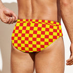 Red And Yellow Checkered Pattern Print Men's Swim Briefs