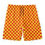 Red And Yellow Checkered Pattern Print Men's Swim Trunks