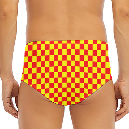 Red And Yellow Checkered Pattern Print Men's Triangle Swim Briefs