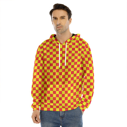 Red And Yellow Checkered Pattern Print Men's Velvet Pullover Hoodie