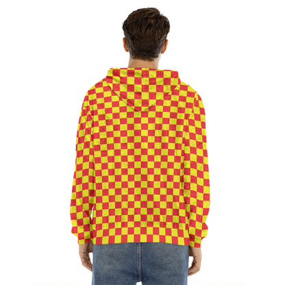 Red And Yellow Checkered Pattern Print Men's Velvet Pullover Hoodie