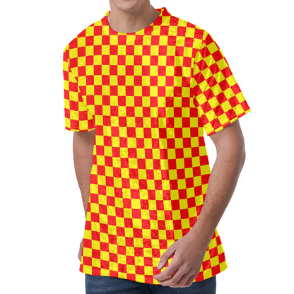 Red And Yellow Checkered Pattern Print Men's Velvet T-Shirt