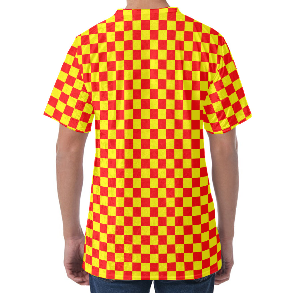 Red And Yellow Checkered Pattern Print Men's Velvet T-Shirt
