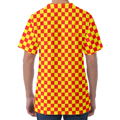 Red And Yellow Checkered Pattern Print Men's Velvet T-Shirt