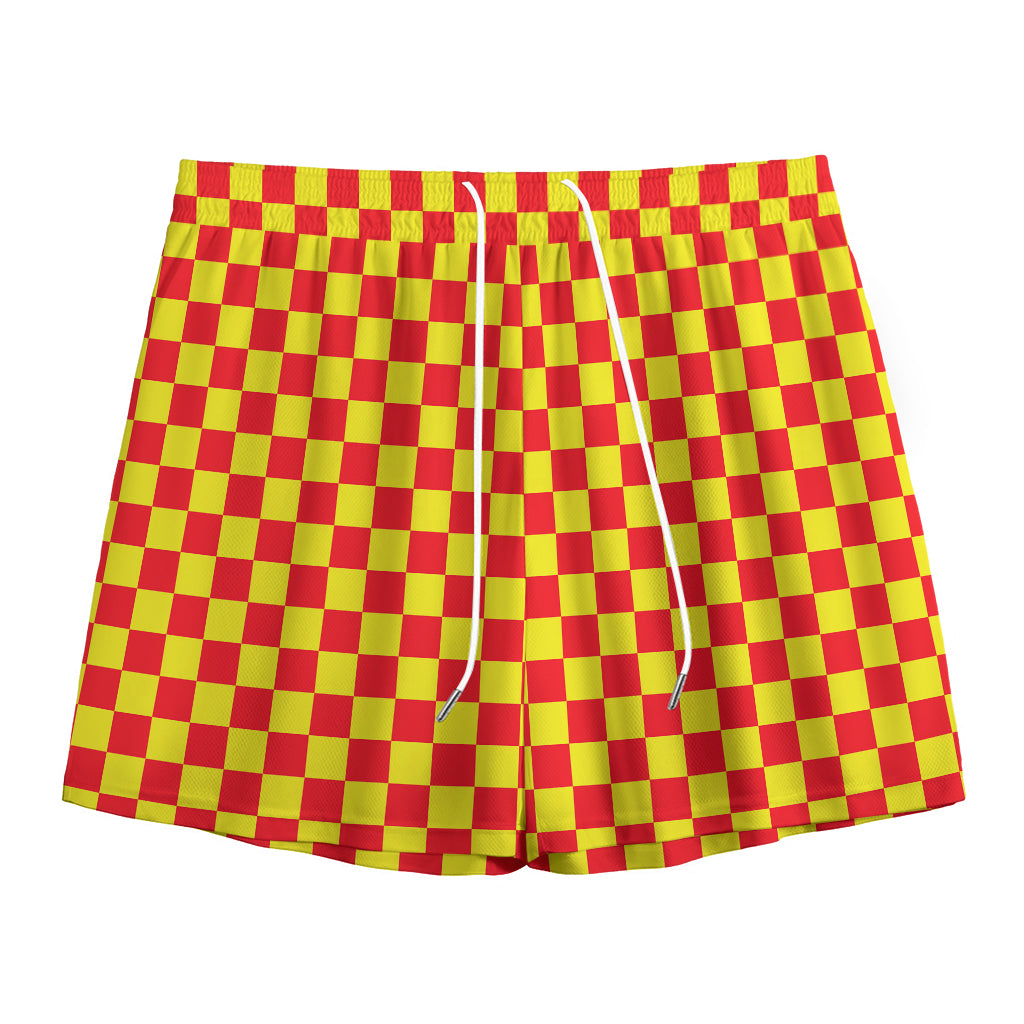 Red And Yellow Checkered Pattern Print Mesh Shorts