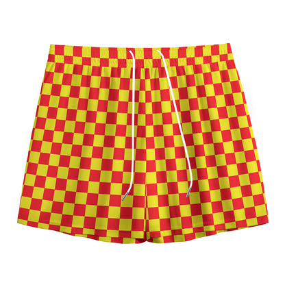 Red And Yellow Checkered Pattern Print Mesh Shorts