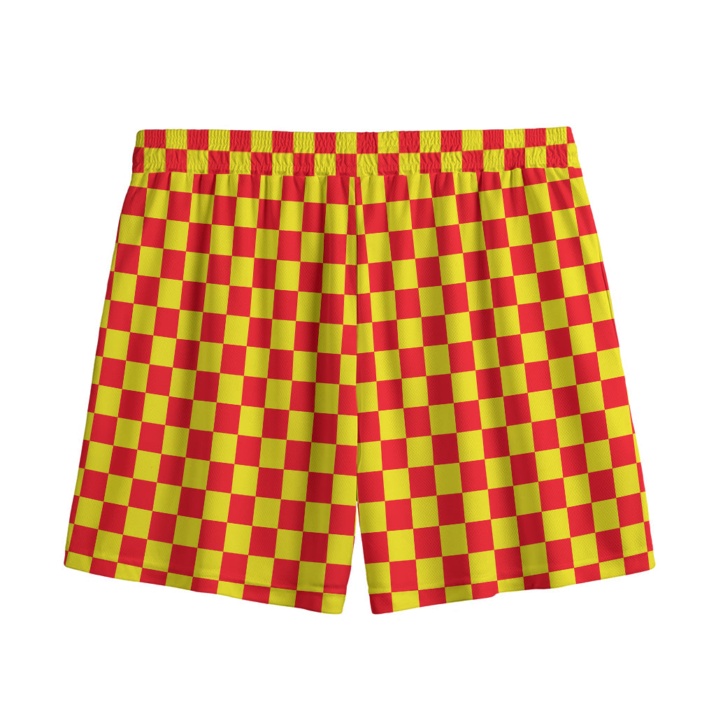 Red And Yellow Checkered Pattern Print Mesh Shorts