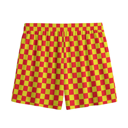 Red And Yellow Checkered Pattern Print Mesh Shorts