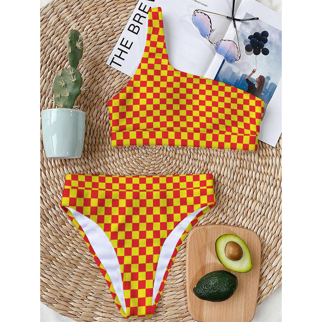 Red And Yellow Checkered Pattern Print One Shoulder Bikini Top