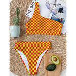 Red And Yellow Checkered Pattern Print One Shoulder Bikini Top