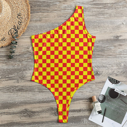 Red And Yellow Checkered Pattern Print One Shoulder Bodysuit