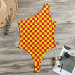 Red And Yellow Checkered Pattern Print One Shoulder Bodysuit