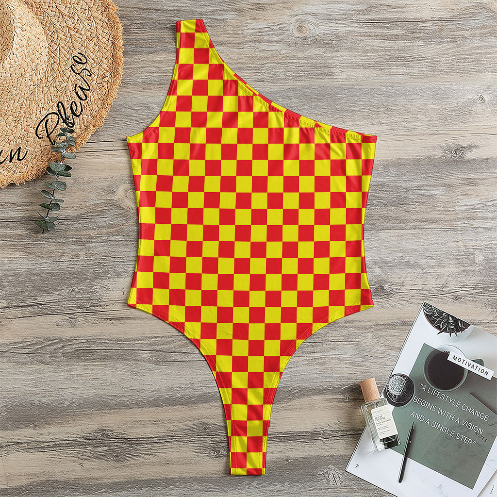 Red And Yellow Checkered Pattern Print One Shoulder Bodysuit