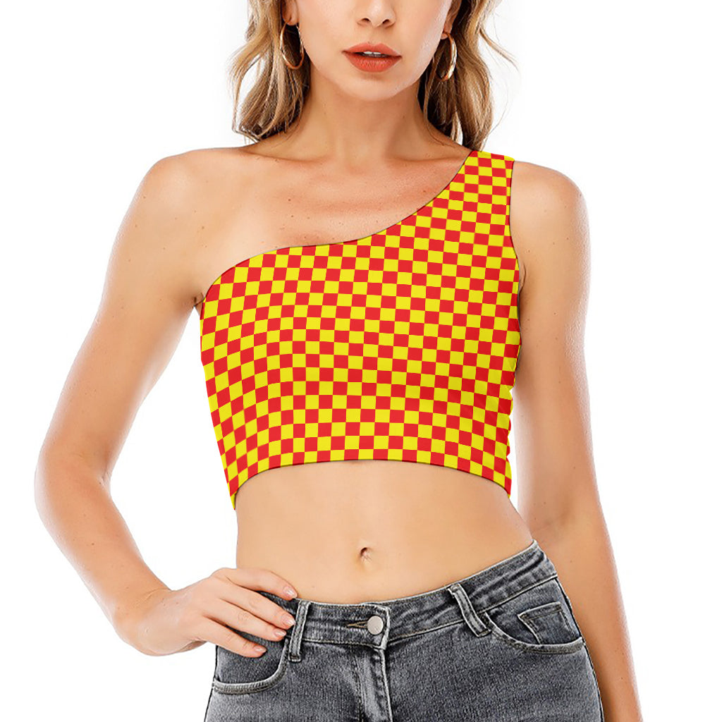 Red And Yellow Checkered Pattern Print One Shoulder Crop Top