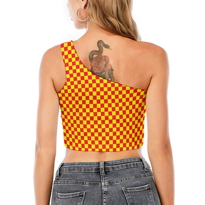 Red And Yellow Checkered Pattern Print One Shoulder Crop Top