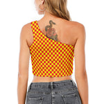 Red And Yellow Checkered Pattern Print One Shoulder Crop Top