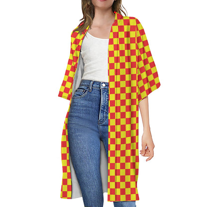 Red And Yellow Checkered Pattern Print Open Front Beach Cover Up