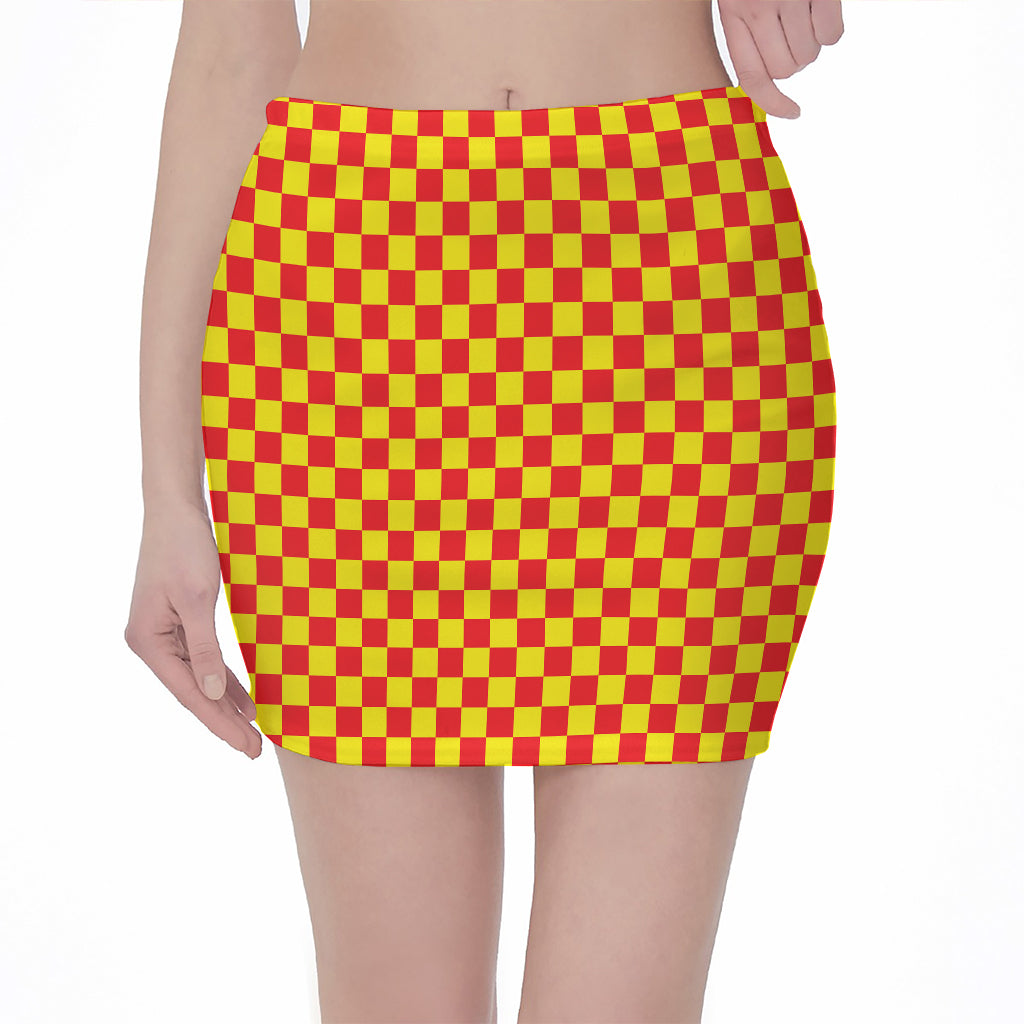 Red And Yellow Checkered Pattern Print Pencil Mini Skirt