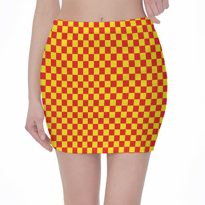 Red And Yellow Checkered Pattern Print Pencil Mini Skirt