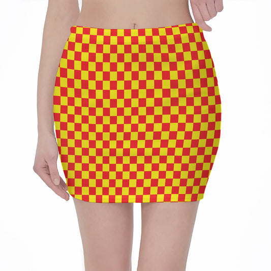 Red And Yellow Checkered Pattern Print Pencil Mini Skirt