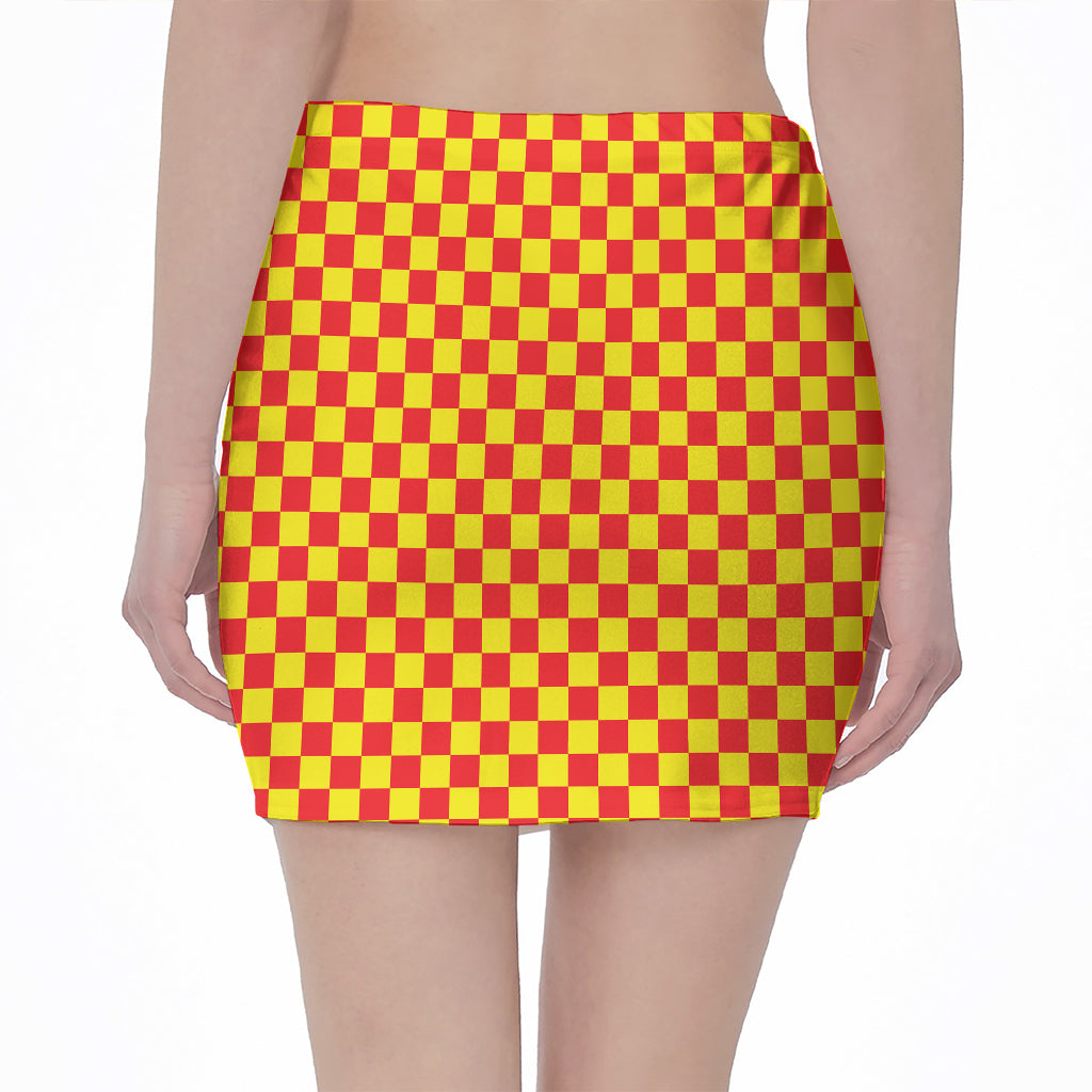 Red And Yellow Checkered Pattern Print Pencil Mini Skirt
