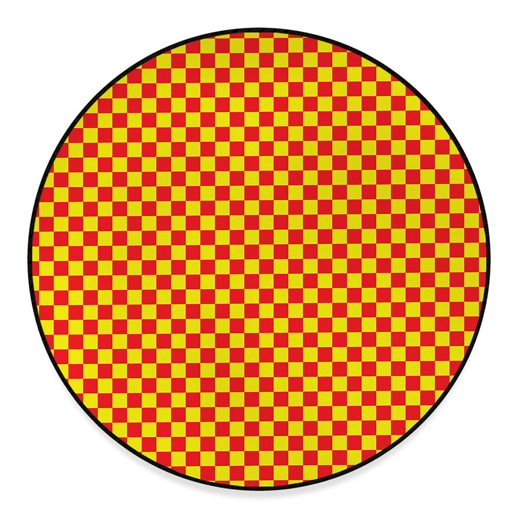 Red And Yellow Checkered Pattern Print Round Floor Mat