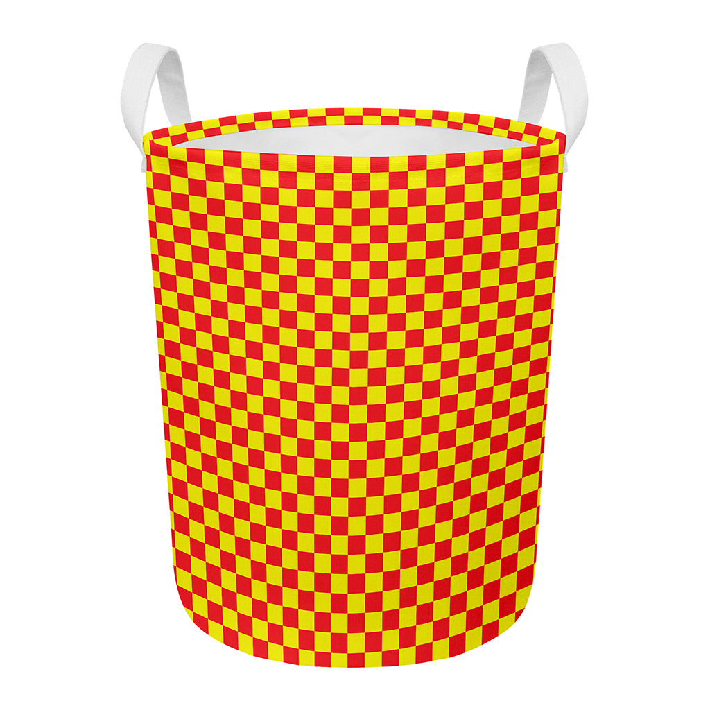 Red And Yellow Checkered Pattern Print Round Laundry Basket