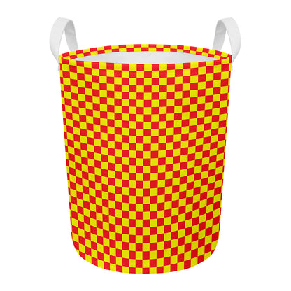 Red And Yellow Checkered Pattern Print Round Laundry Basket