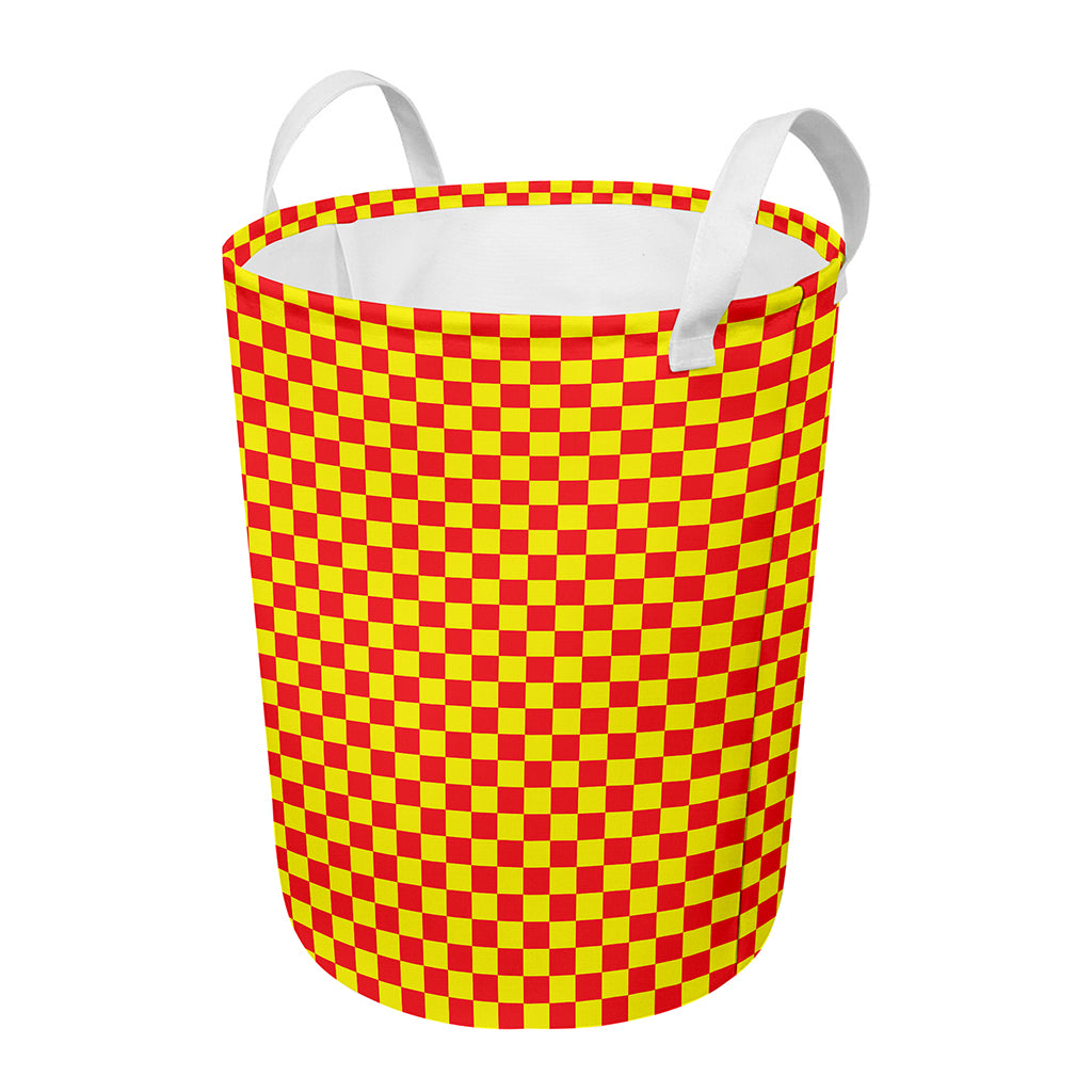 Red And Yellow Checkered Pattern Print Round Laundry Basket