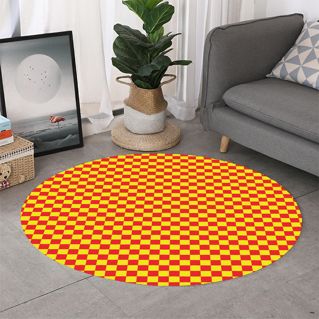 Red And Yellow Checkered Pattern Print Round Rug