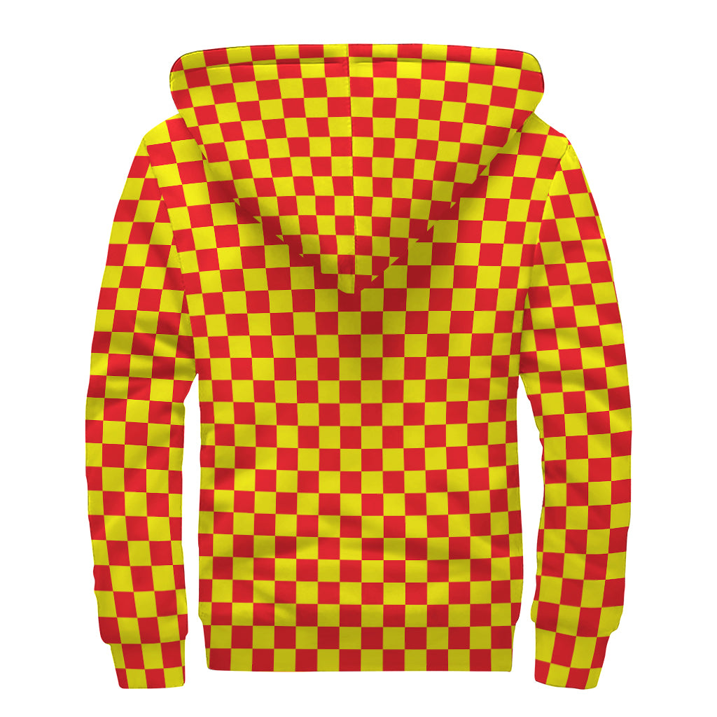 Red And Yellow Checkered Pattern Print Sherpa Lined Zip Up Hoodie