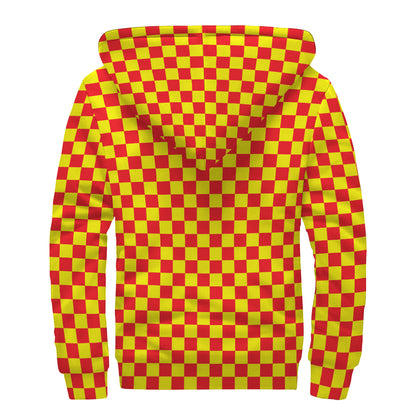 Red And Yellow Checkered Pattern Print Sherpa Lined Zip Up Hoodie